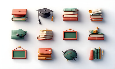 Collection of educational icons and symbols on a white background