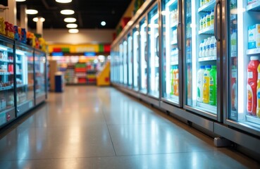 Colorful refrigerated display cases filled with beverages and dairy products in a supermarket aisle
