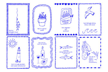 Summer Nautical Fisherman Aesthetic Greeting Card. Vintage Coastal Frame. Vector Doodle Illustration