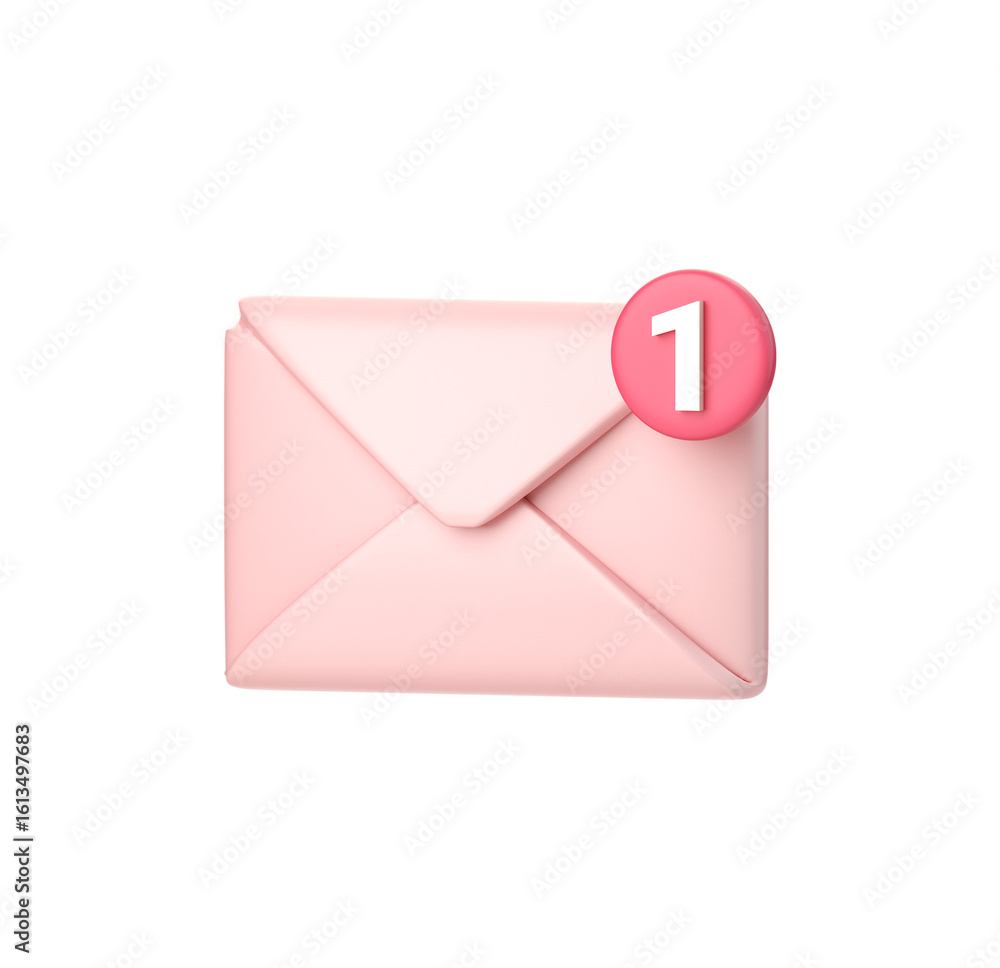 Poster pink 3d rendered email envelope icon; one new message notification; modern minimalist style