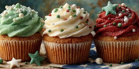 Cupcakes with green stars and patriotic frosting, horizontal banner, flag theme