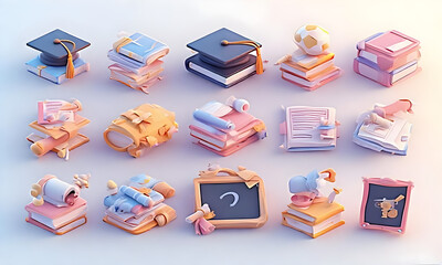Whimsical stacked books and graduation caps with educational icons