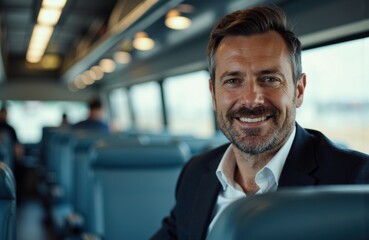 A smiling businessman in a suit sitting on a bus with modern interior and large windows