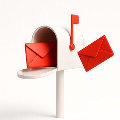 White mailbox with red envelopes and flag