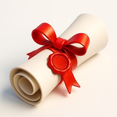 Rolled diploma or certificate tied with a red ribbon and wax seal