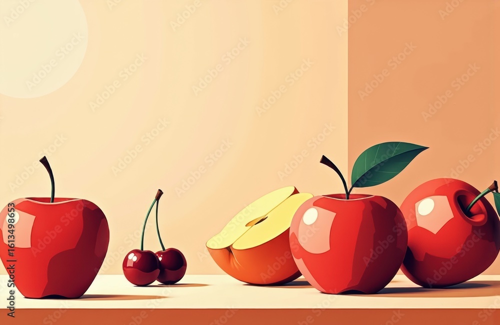 Poster red apples and cherries arranged on a light background with soft shadows