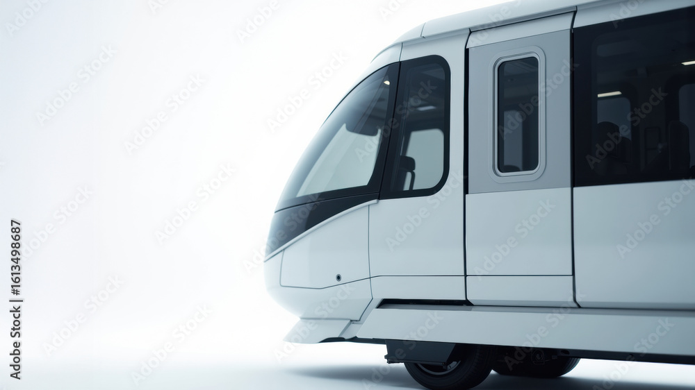 Poster a modern train front view with sleek design and large windows on a white background