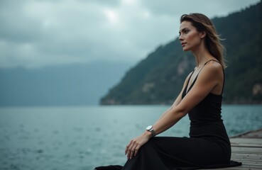 Woman sitting on dock by lake with mountains in background