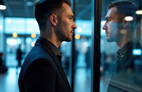 A man in formal attire looks at his reflection in a glass window in an indoor setting