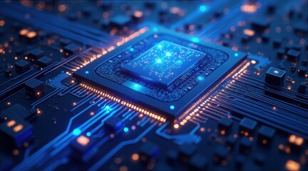 Blue Neural Node Interface on Microchip Circuit Board Design