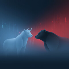 A light toned bull and a dark bear face each other, representing the push and pull of financial markets. The background features abstract elements in contrasting red and blue