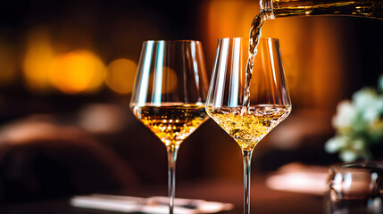 Elegant wine glasses with golden liquid captured in a sophisticated dining scene.