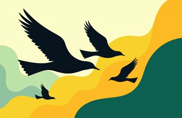 Silhouettes of flying birds soaring over colorful abstract landscape