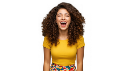 Joyful young woman with voluminous curly hair laughing loudly with her mouth wide open isolated on transparent background