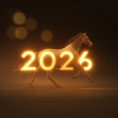 A shimmering golden horse moves alongside glowing 2026 numbers, set against a dark, warm background with bokeh lights, embodying the festive and hopeful spirit of the new year