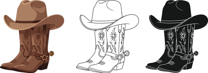Cowboy boots and hat vector illustration set western fashion apparel design elements