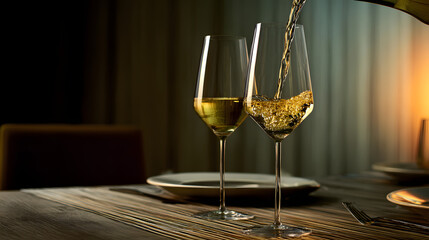 Elegant wine glasses with golden liquid captured in a sophisticated dining scene.