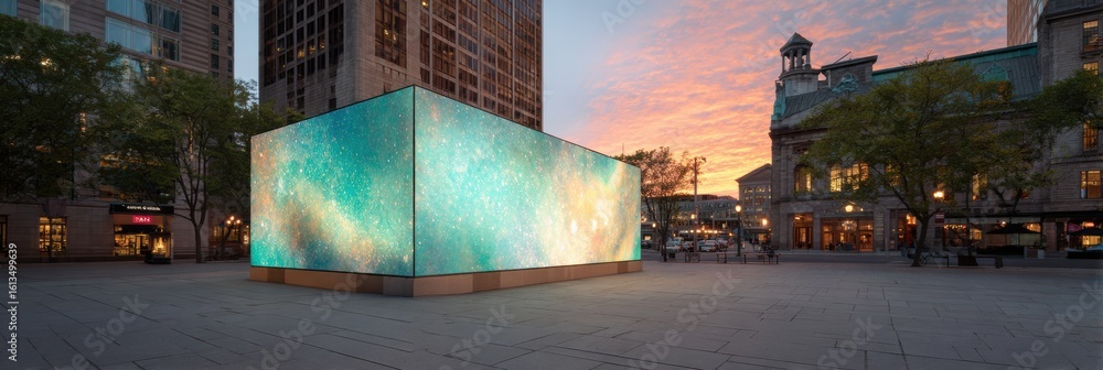 Poster glowing digital screen in open plaza at sunset with ample space for text on left side