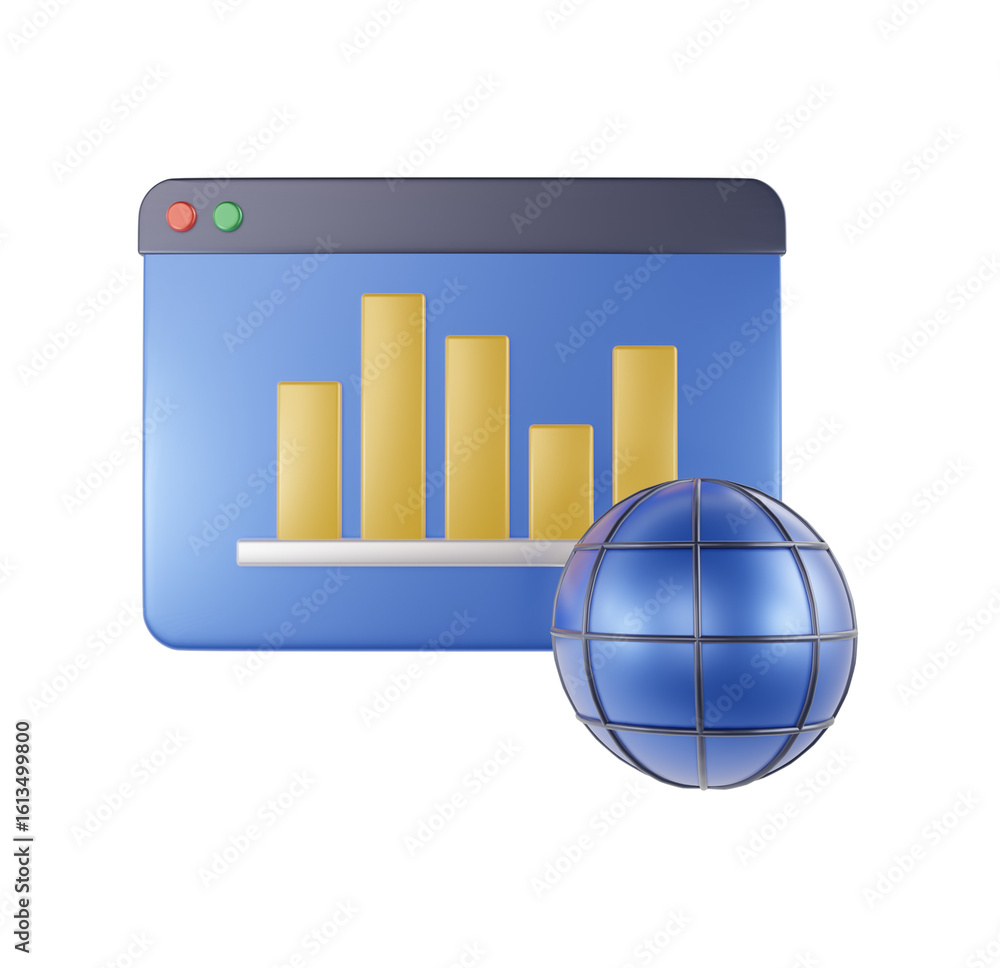 Poster global business analytics: 3d render of website data and globe