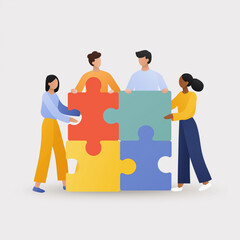 A diverse group of four people collaboratively assembling four large, colorful puzzle pieces, symbolizing teamwork, problem-solving, and unity on a light grey background.