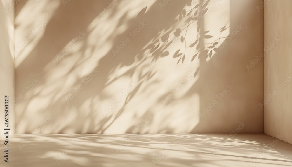 Poster sunlit room with beige flooring and walls featuring leaf shadows: ideal setting for product presenta