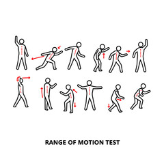 Vector icon set depicting range of motion test exercises for assessment and rehabilitation