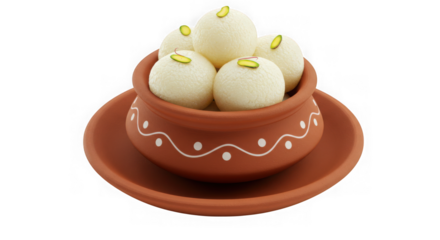 Delicious rasgulla dessert served in a traditional clay pot with a saucer isolated on transparent background