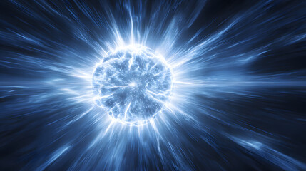 Obraz premium bright glowing energy ball exploding in outer space with electric blue and white rays dramatic lighting motion blur in comic anime style on dark background