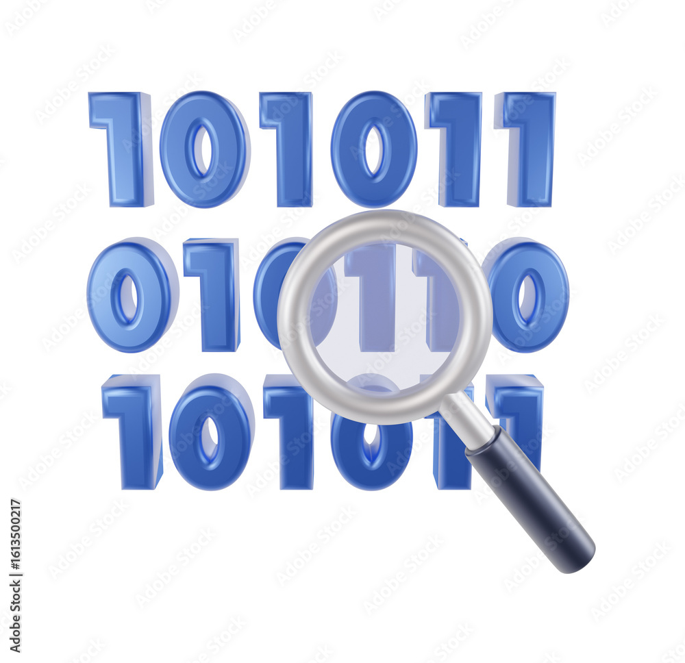 Aufkleber 3d render: magnifying glass examining blue binary code, data analysis concept