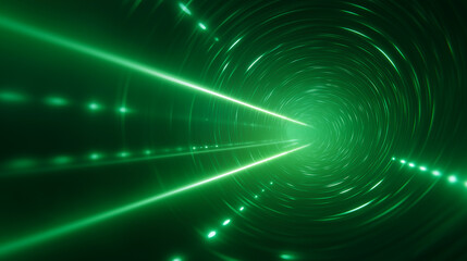 A vibrant green light tunnel featuring converging beams and swirling particles, creating a dynamic and futuristic sci-fi background.
