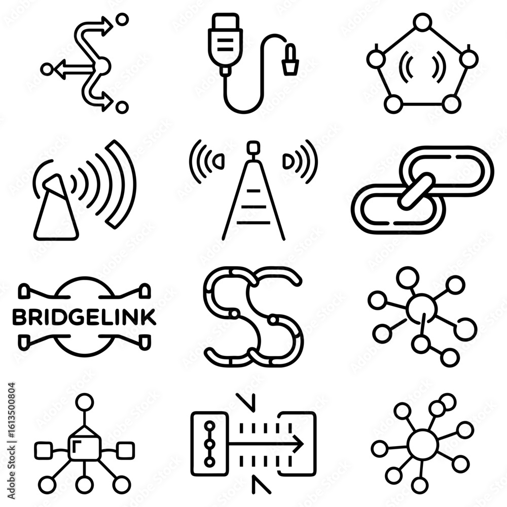 Poster collection of network connection icons featuring antenna usb chain and bridge link symbols in black 