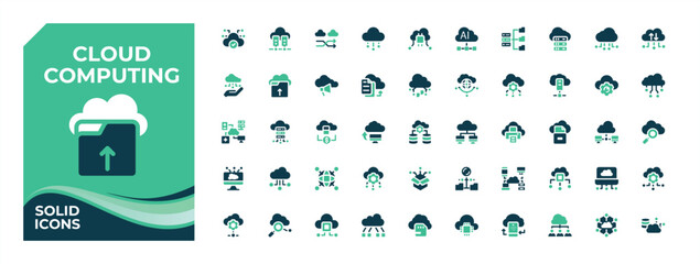 Cloud Computing colorful solid icon set. Contains filled symbols like computer, hosting, database, system and more. Filled icons collection. Networking icon set. Editable stroke vector art.