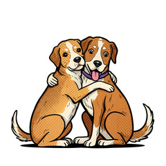 Two dogs hugging and showing affection with playful expressions  