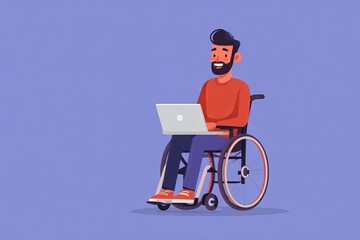 Fototapeta premium Man in wheelchair using laptop, smiling, on vibrant purple background during a creative work session Generative AI