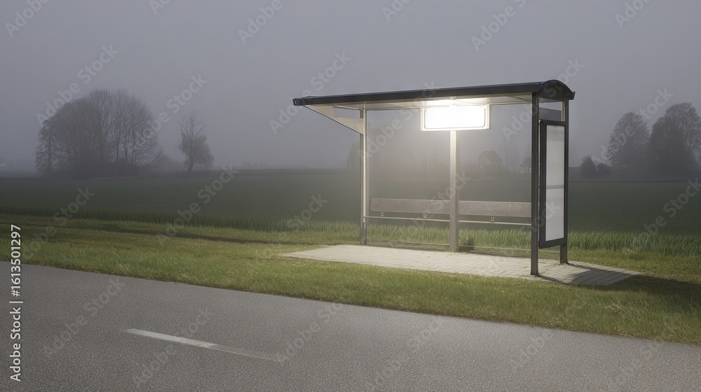 Poster bus stop illuminated at night in a foggy rural setting, surrounded by grassy fields and trees, creat