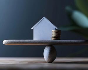 A miniature house and coins balanced on a wooden seesaw.  The concept signifies the financial implications of homeownership