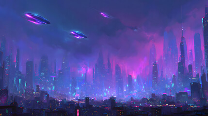 futuristic neon-lit city skyline at night with glowing purple and blue lights flying cars cinematic depth and high-tech cyberpunk atmosphere