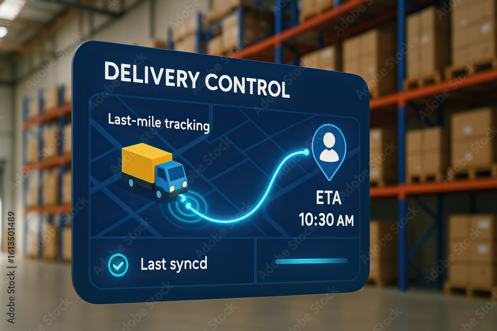 Poster delivery control screen showing last mile tracking with estimated time of arrival in warehouse envir