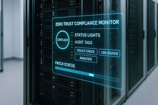 Zero trust compliance monitor interface with status lights, audit tags, policy check, log review, and patch status displayed on server rack in data center