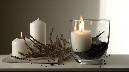 Elegant arrangement of white candles in glass holder with decorative elements, showcasing a serene atmosphere and warm glow, perfect for relaxation and ambiance enhancement