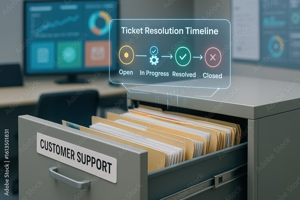 Aufkleber customer support file cabinet drawer open with organized folders and digital ticket resolution timel