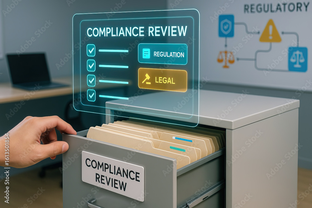 Poster compliance review concept with hand opening filing cabinet drawer full of folders and digital interf