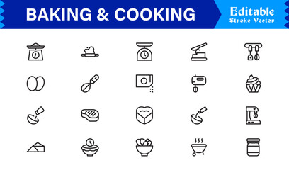 Baking Cooking Line Icon Set – Professional Minimal Editable Vector Icons for Culinary Recipes Kitchen