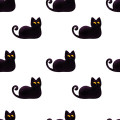 Halloween seamless pattern with black cat, festive elements, flat design. Perfect for festive wrapping paper and holiday decor.