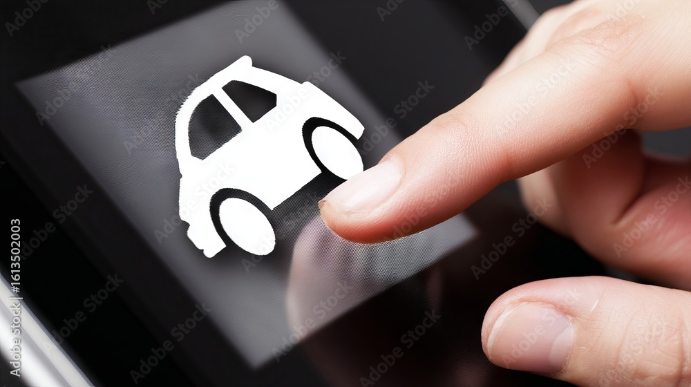 Poster hand pressing touchscreen interface displaying car icon, representing modern technology and digital 