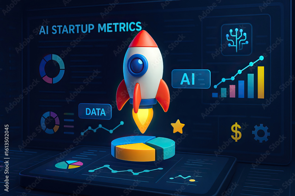 Poster ai startup business launch success acceleration concept with rocket and data metrics showing growth 