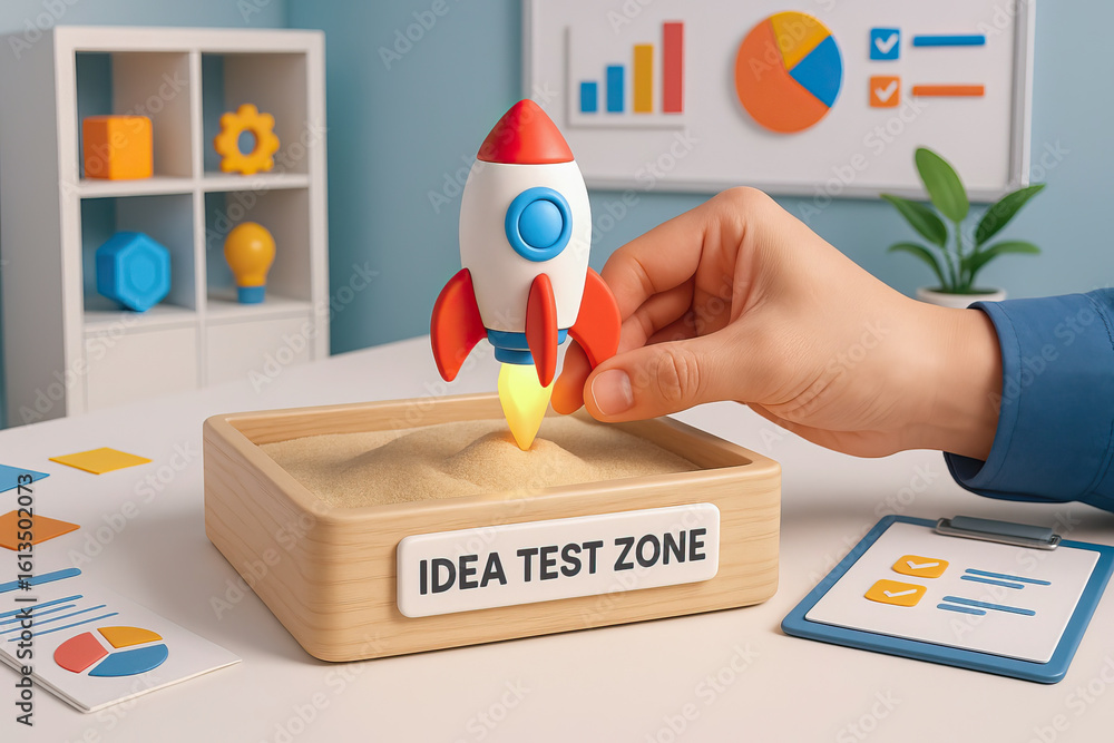 Poster business startup acceleration concept with hand launching small rocket in idea test zone symbolizing