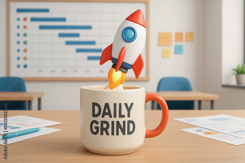 Poster business acceleration concept with startup rocket launch in coffee cup symbolizing success and daily