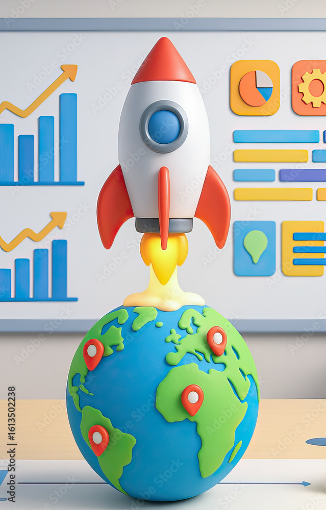 Poster business acceleration startup launch success concept with rocket launching from globe and growth cha