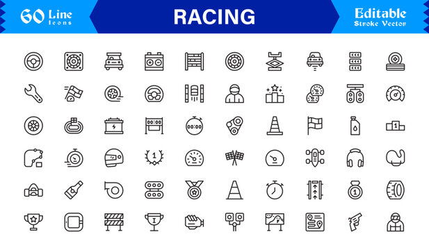 Racing Essentials in a Professional Line Icon Set – Modern, Minimal, Pixel-Perfect Symbols for Motorsports and Speed Themes